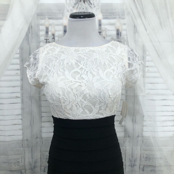 Simply Liliana Size 4 Dress Ivory Black Fitted Cap Sleeve Open Back Formal - Picture 2 of 10